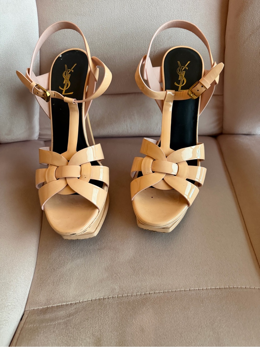 YSL Tribute Platform Sandals beige patent leather PREOWNED